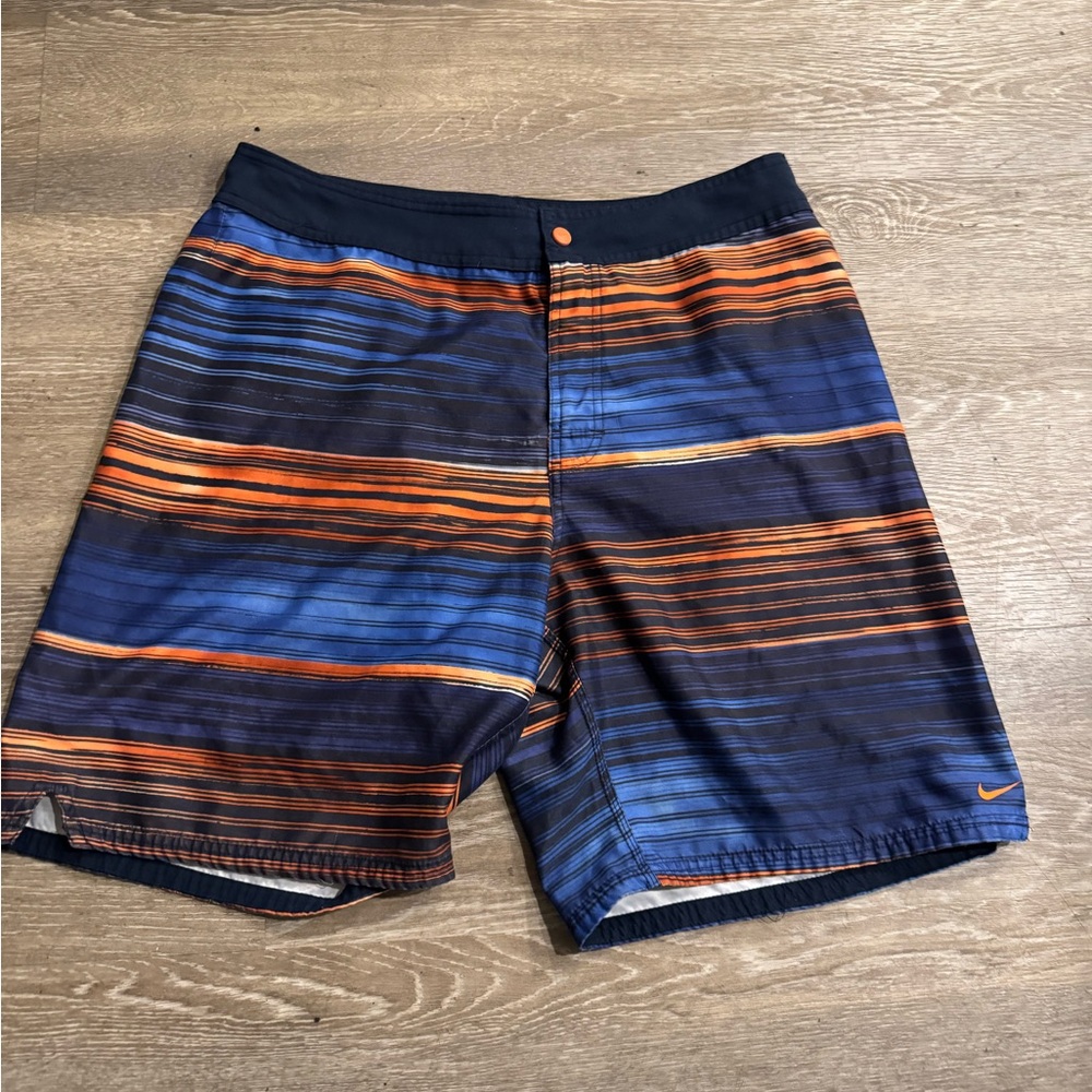 Nike Men's Blue and Orange Striped Swim Shorts